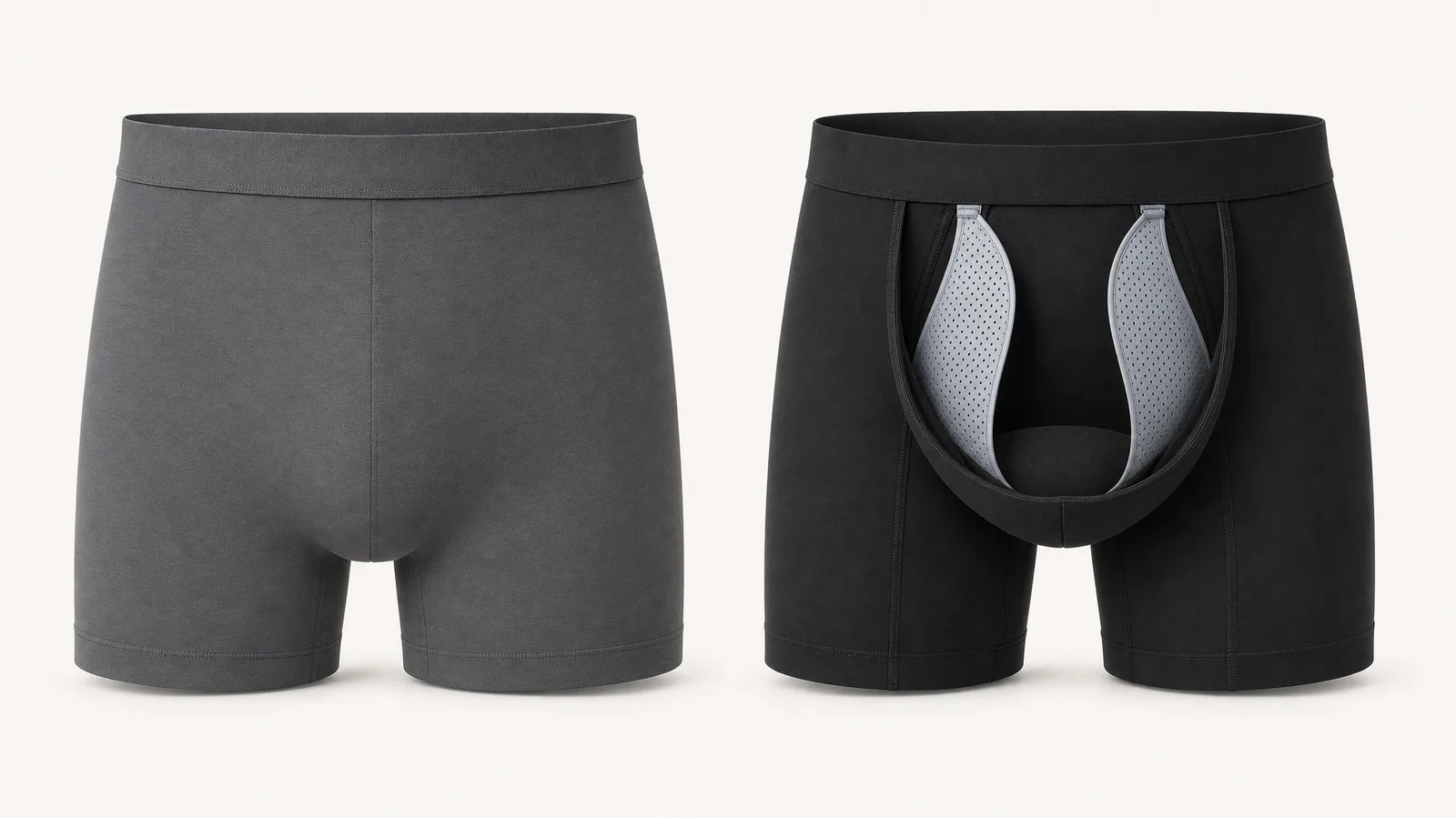 Links een gewone platte boxershort, rechts de NUTSHELL boxershort met het voorpand opengeklapt zodat de zijgeleiders zichtbaar zijn